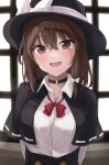  1girl absurdres arms_behind_back black_capelet black_choker black_headwear blush bow bowtie brown_eyes brown_hair buttons capelet choker collared_shirt hair_between_eyes hat hat_bow highres long_sleeves looking_at_viewer open_mouth ramie_(ramie541) red_bow red_bowtie revision shirt short_hair smile solo touhou upper_body usami_renko white_bow white_shirt 