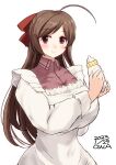  1girl ahoge apron baby_bottle bottle breasts brown_hair collared_shirt cowboy_shot dated hair_ornament hair_ribbon hairclip highres holding holding_bottle kantai_collection kappougi large_breasts long_hair mamiya_(kancolle) one-hour_drawing_challenge owa_(ishtail) pink_shirt red_eyes ribbon shirt simple_background solo twitter_username white_background 