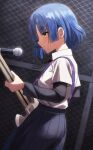  1girl bass_guitar blue_hair bocchi_the_rock! earrings fagi_(kakikaki) fender_precision_bass highres instrument jewelry microphone music playing_instrument school_uniform shimokitazawa_high_school_uniform short_hair solo stud_earrings sweat yamada_ryou yellow_eyes 