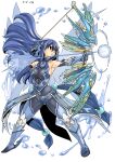  1girl absurdres armor armpits bare_shoulders blue_hair bow_(weapon) character_request copyright_request elbow_gauntlets full_body gauntlets highres holding holding_weapon long_hair mashima_hiro red_eyes water weapon 