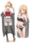  1girl bare_shoulders black_bra black_panties black_thighhighs blonde_hair bra breasts brown_footwear camisole collarbone fate/apocrypha fate_(series) full_body grey_shorts hair_over_one_eye highres long_hair long_sleeves looking_at_viewer midriff mordred_(fate) mordred_(fate/apocrypha) multiple_views navel off_shoulder panties red_camisole shorts sidelocks small_breasts smile thighhighs tonee underwear 