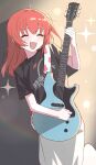  1girl absurdres bass_guitar black_shirt blanchat blush bocchi_the_rock! closed_eyes feet_out_of_frame highres holding holding_instrument instrument kita_ikuyo long_hair long_skirt music one_side_up open_mouth playing_instrument red_hair shirt short_sleeves sidelocks skirt smile solo sparkle sweat white_skirt 