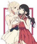  2girls atenaba bare_shoulders black_bow black_eyes black_hair black_nails blonde_hair bow breasts brown_eyes closed_mouth collarbone dot_mouth dress framed hand_on_another&#039;s_hip heart heart_hands heart_hands_duo highres inoue_takina large_breasts long_hair low_twintails lycoris_recoil multiple_girls nail_polish nishikigi_chisato red_dress red_nails short_dress short_hair sleeveless sleeveless_dress strapless strapless_dress twintails white_background white_dress yuri 