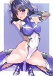  1girl absurdres arion_canvas armpits arms_behind_head bangs bishoujo_senshi_sailor_moon black_hair bow breasts circlet covered_nipples earrings elbow_gloves gem gloves high_heels highleg highleg_leotard highres jewelry leotard purple_eyes purple_gemstone purple_hair purple_leotard purple_thighhighs revision sailor_saturn short_hair small_breasts solo split spread_legs stud_earrings taimanin_(series) taimanin_suit thighhighs tomoe_hotaru 