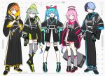  &gt;_&lt; 2boys 3girls adapted_costume animal_ears aoyagi_touya bangs black_footwear black_gloves black_hakama black_kimono blue_hair blush boots cat_ears chest_harness circuit close_game/offline_(project_sekai) closed_mouth commentary_request cutout_gloves dress earphones expressionless eyewear_on_head fingerless_gloves full_body gloves glowing glowing_eyes green_hair grey_eyes grey_leggings gun hair_flaps hair_over_one_eye hakama hakama_pants halo handgun harness hatsune_miku headset highres hood hood_up hooded_kimono japanese_clothes kimono kusanagi_nene leggings long_hair long_sleeves mechanical_ears mechanical_halo microphone multicolored_hair multiple_boys multiple_girls ootori_emu orange_hair pants pouch project_sekai shinonome_akito shoes sidelocks smile split-color_hair twintails very_long_hair vocaloid waka_(wk4444) weapon white_dress wide_sleeves wonderlands_x_showtime_(project_sekai) 