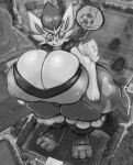  absurd_res anthro ball beepunz big_breasts big_butt blush blush_lines breasts butt cinderace cleavage clothed clothing female generation_8_pokemon giga hi_res huge_breasts huge_butt huge_thighs hyper hyper_breasts macro monochrome nintendo nipple_outline photo_background pokemon pokemon_(species) question_mark smile soccer_ball solo speech_bubble standing thick_thighs tongue tongue_out 
