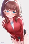  1girl :o absurdres black_shorts blush breasts brown_hair chiyosuke_(nosuke21) full-face_blush furrowed_brow highres idolmaster idolmaster_cinderella_girls jacket looking_at_viewer medium_breasts own_hands_together partially_unzipped red_jacket sakuma_mayu short_shorts short_twintails shorts simple_background solo sweatdrop track_jacket twintails twitter_username 