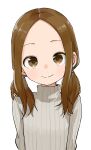  1girl absurdres alternate_hairstyle brown_eyes brown_hair closed_mouth commentary_request forehead highres karakai_jouzu_no_takagi-san long_sleeves looking_at_viewer low_twintails medium_hair ribbed_sweater simple_background smile solo sweater takagi-san turtleneck turtleneck_sweater twintails upper_body white_background white_sweater yamamoto_souichirou 