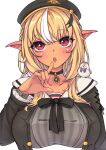  1girl absurdres animal_on_shoulder bird bird_on_shoulder black_bow black_bowtie black_choker black_headwear black_jacket blonde_hair blush bow bowtie braid choker commentary_request cropped_torso dark-skinned_female dark_skin dress elf elfriend_(shiranui_flare) facing_viewer french_braid grey_dress half_updo hat highres hololive jacket jewelry lix_e333 long_hair looking_up multicolored_hair official_alternate_costume official_alternate_hairstyle open_clothes open_jacket pendant pendant_choker pointy_ears red_eyes sailor_collar sailor_hat shiranui_flare sidelocks simple_background solo straight-on streaked_hair striped striped_dress upper_body upturned_eyes vertical-striped_dress vertical_stripes virtual_youtuber white_background white_sailor_collar 
