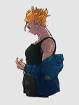  1boy belt black_shirt blonde_hair blue_eyes blue_jacket capsule_corp dragon_ball dragon_ball_z from_side grey_background jacket kemachiku male_focus pants shirt simple_background sleeveless sleeveless_shirt solo spiked_hair super_saiyan super_saiyan_1 trunks_(dragon_ball) trunks_(future)_(dragon_ball) upper_body 