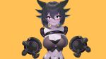  1girl black_eyes black_gloves black_hair breasts character_request cleavage closed_mouth clothes_writing colored_skin drunkoak fangs gloves hair_between_eyes highres humanization large_breasts looking_at_viewer orange_background pokemon purple_skin simple_background smile solo 