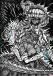  1_gingai_fene black_hairband bow_hairband breasts cuts extra_arms hairband highres horror_(theme) injury katana konpaku_youmu konpaku_youmu_(ghost) monochrome puffy_short_sleeves puffy_sleeves short_hair short_sleeves sword torn_clothes touhou touhou_igyoukyo variant_youmu wakizashi weapon 