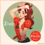  1girl artist_name belt bracelet brown_eyes brown_hair coca-cola cola commentary d.va_(overwatch) drinking drinking_straw earrings english_commentary hairband hand_on_own_head heart holding holding_towel hoop_earrings jewelry logo_parody long_hair one_eye_closed overwatch overwatch_1 pink_hairband plaid plaid_shirt ponytail puffy_short_sleeves puffy_sleeves red_nails shirt short_sleeves soda_bottle solo tied_shirt towel upper_body vicki_tsai 