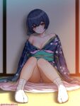  1girl against_wall arms_at_sides artist_name bangs bare_shoulders blue_hair blue_kimono blurry blurry_background blurry_foreground blush breasts brown_eyes cleavage commentary_request depth_of_field floral_print full_body hair_between_eyes head_tilt highres idolmaster idolmaster_shiny_colors indoors japanese_clothes kimono knees_together_feet_apart knees_up legs light_particles long_sleeves looking_at_viewer medium_breasts momo-chan_atakku morino_rinze no_shoes obi obijime off_shoulder on_floor panties parted_lips print_kimono sash shade shadow short_hair sitting sleeves_past_fingers sleeves_past_wrists solo tabi tatami underwear upskirt white_panties 