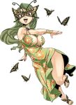  breasts brown_eyes bug butterfly butterfly_mask cleavage dress earrings feet floral_print full_body gate_of_nightmares green_dress green_hair highres jasmine_(gate_of_nightmares) jewelry legs long_hair mashima_hiro mask nail_polish official_art open_mouth sandals smile solo teeth toenail_polish toenails toes transparent_background upper_teeth_only 
