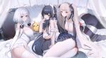  3girls absurdly_long_hair absurdres ahoge all_fours arm_garter arm_support ass_cutout azur_lane bed between_breasts black_dress black_hair black_skirt breasts cleavage clothing_cutout crotch_cutout crotchless crotchless_pantyhose dress elbow_gloves formidable_(azur_lane) frilled_dress frills gloves gothic_lolita green_eyes grey_hair highres huge_breasts illustrious_(azur_lane) indomitable_(azur_lane) indomitable_(ms._motivationless_maid)_(azur_lane) jeze large_breasts lolita_fashion long_hair lying maid maid_headdress manjuu_(azur_lane) multiple_girls official_alternate_costume on_side pantyhose pillow pleated_skirt purple_eyes red_eyes ribbon sidelocks skirt strapless strapless_dress thighhighs twintails two-tone_dress two-tone_ribbon underboob very_long_hair white_dress white_gloves white_hair white_pantyhose 