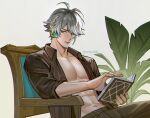  1boy abs ahoge alhaitham_(genshin_impact) artist_name bangs black_pants black_shirt book chair collared_shirt fingernails genshin_impact green_eyes grey_hair hair_over_one_eye holding holding_book leaf looking_to_the_side male_focus mistermagnolia open_clothes pants parted_lips pectorals plant shirt short_hair sidelocks simple_background sitting solo swept_bangs twitter_username upper_body white_background 