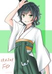  1girl ahoge artist_name bangs black_hair cowboy_shot dated fd_(fd_sanmaru) green_eyes green_hakama hakama hat highres japanese_clothes kantai_collection looking_at_viewer matsukaze_(kancolle) meiji_schoolgirl_uniform mini_hat mini_top_hat one-hour_drawing_challenge short_hair smile solo standing swept_bangs top_hat wavy_hair 