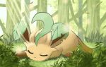  bubble closed_eyes commentary_request day forest grass highres jira_(ziraiya26) leafeon lying nature no_humans on_stomach outdoors pokemon pokemon_(creature) sleeping solo tree 