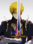  1boy bangs belt black_shirt blonde_hair blood blood_in_hair blood_on_clothes blood_on_face blue_eyes closed_mouth durandal_(fate) elbow_gloves fate/grand_order fate_(series) gloves hair_between_eyes highres holding holding_sword holding_weapon looking_at_viewer male_focus necktie one_eye_covered pink_necktie roland_(fate) serious shirt short_hair simple_background solo sword upper_body uro_(kyoka315) weapon white_background white_belt white_gloves 