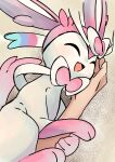  :d ^_^ arm_hug bow closed_eyes commentary_request cuddling fangs highres holding holding_another&#039;s_arm hug i_cant_do_it open_mouth petting pokemon pokemon_(creature) simple_background smile sylveon tongue 