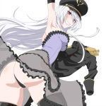  1girl armpits ass black_gloves black_headwear black_jacket black_lobelia black_lobelia_(cosplay) black_panties blue_eyes blush boots breasts corset cosplay dress elbow_gloves epaulettes frilled_dress frills fringe_trim from_behind gloves gold_trim hand_up hat heterochromia jacket kitagawa_marin long_hair looking_at_viewer looking_back medium_breasts military_hat panties pantyshot presenting_armpit red_eyes see-through see-through_skirt simple_background skirt smile solo sono_bisque_doll_wa_koi_wo_suru teeth thigh_boots underwear white_background white_hair yoshida_keiji 