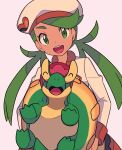  1girl :d ^_^ appletun bangs closed_eyes commentary_request green_eyes green_hair hat highres holding holding_pokemon long_hair long_sleeves looking_at_viewer mallow_(palentine&#039;s_2023)_(pokemon) mallow_(pokemon) official_alternate_costume open_mouth pokemon pokemon_(creature) pokemon_(game) pokemon_masters_ex shirt smile swept_bangs teeth tongue twintails tyako_089 upper_teeth_only 