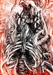  1_gingai_fene beak body_horror bow fire fujiwara_no_mokou hair_bow hair_strand highres horror_(theme) monochrome monster ribs sidelocks skeletal_arm skeletal_hand skeleton smoke smoke_trail spine teeth touhou touhou_igyoukyo variant_mokou white_bow white_hair 