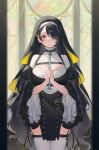  1girl arl black_hair blue_archive breasts earrings hair_over_one_eye halo highres hinata_(blue_archive) jewelry long_hair looking_at_viewer nun own_hands_together red_eyes smile solo thighhighs veil white_thighhighs zettai_ryouiki 