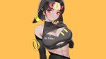  1girl abs black_gloves black_hair breasts cleavage closed_mouth clothes_writing drunkoak elbow_gloves gloves hand_on_own_chest highres humanization large_breasts looking_at_viewer navel orange_background pokemon red_eyes short_hair simple_background solo umbreon 