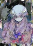  1girl abstract_background anabone bangs blue_bow blue_ribbon bow closed_mouth crescent crescent_hat_ornament expressionless hair_bow hat hat_ornament hat_ribbon highres long_hair looking_at_viewer mob_cap patchouli_knowledge purple_eyes purple_hair red_bow red_ribbon ribbon solo straight-on touhou upper_body white_headwear 