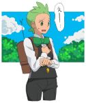  1boy backpack bag black_pants black_vest brown_bag buttons cilan_(pokemon) cloud commentary_request day green_eyes green_hair green_necktie male_focus miyawaki necktie no_sclera open_mouth outdoors pants pokemon pokemon_(anime) pokemon_bw_(anime) raised_eyebrows shirt short_hair sky solo speech_bubble sweatdrop translation_request vest white_shirt 