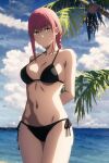  1girl arms_behind_back artist_request beach bikini black_bikini braid breasts chainsaw_man highres innie_navel large_breasts light_smile makima_(chainsaw_man) palm_tree pink_hair ringed_eyes side-tie_bikini_bottom sidelocks single_braid studio_mappa swimsuit tree yellow_eyes 