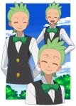  1boy :d black_vest border bow bowtie cilan_(pokemon) closed_eyes closed_mouth cloud commentary_request day green_bow green_bowtie green_hair happy male_focus miyawaki multiple_views open_mouth outdoors pokemon pokemon_(anime) pokemon_bw_(anime) shirt short_hair sky smile vest white_border white_shirt 
