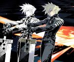  1boy belt black_belt black_gloves black_jacket black_panther blonde_hair blue_eyes closed_mouth cloud_strife cofffee final_fantasy final_fantasy_vii gloves holding holding_sword holding_weapon jacket long_sleeves looking_at_viewer male_focus solo spiked_hair sword weapon 