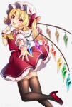  1girl :d bangs black_thighhighs blonde_hair crystal fang flandre_scarlet foot_out_of_frame grey_background high_heels highres looking_at_viewer medium_hair one_side_up open_mouth rainbow_order red_eyes red_footwear red_skirt red_vest ruhika simple_background skirt smile solo thighhighs touhou vest wings wrist_cuffs 