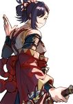  1boy asymmetrical_bangs bangs bare_shoulders blue_hair closed_mouth dark_blue_hair detached_sleeves fire_emblem fire_emblem_engage folded_ponytail hand_up highres japanese_clothes kagetsu_(fire_emblem) katana kouhaku_nawa liondance_0220 long_sleeves looking_at_viewer magatama male_focus red_sleeves rope sheath shimenawa short_hair simple_background smile solo sword weapon white_background wide_sleeves yellow_eyes 