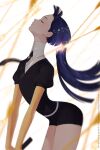  1other androgynous arched_back bangs belt blue_hair blunt_bangs closed_eyes collared_shirt contrapposto cowboy_shot cutting_hair esthesiaan facing_up floating_hair gem_uniform_(houseki_no_kuni) gold golden_arms high_collar highres holding houseki_no_kuni leaning leaning_forward motion_blur necktie other_focus phosphophyllite phosphophyllite_(ll) puffy_short_sleeves puffy_sleeves severed_hair shirt short_hair short_shorts short_sleeves shorts slashing solo standing straight_hair white_belt white_shirt 