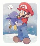  &gt;_&lt; 1boy animal bird blue_overalls blue_pants border brown_footwear brown_hair buttons closed_eyes commentary_request crying facial_hair flying_sweatdrops full_body gloves grey_eyes hat holding holding_animal long_sleeves looking_at_another male_focus mario mario_(series) mountain mustache omochiutyu open_mouth outside_border overalls pants penguin penguin_(mario) raised_eyebrows red_headwear red_shirt shirt shoes short_hair snow snowing speech_bubble spoken_expression standing super_mario_64 sweatdrop tears white_border white_gloves 