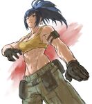  1girl abs belt blue_eyes blue_hair dog_tags earrings gloves highres jewelry leona_heidern midriff muscular muscular_female navel nobubu pocket ponytail sketch solo tank_top the_king_of_fighters the_king_of_fighters_xv triangle_earrings yellow_tank_top 