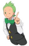  1boy black_pants black_vest bow bowtie buttons cilan_(pokemon) closed_mouth commentary_request green_bow green_bowtie green_eyes green_hair hand_on_hip hand_up index_finger_raised long_sleeves male_focus miyawaki one_eye_closed pants pokemon pokemon_(anime) pokemon_bw_(anime) shirt short_hair simple_background smile solo vest white_background white_shirt 