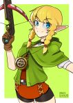  1girl absurdres black_choker black_shorts blonde_hair blue_eyes braid brown_gloves capelet choker closed_mouth english_commentary gem gloves green_capelet highres holding holding_weapon hyrule_warriors linkle mag_(magdraws) pointy_ears shorts smile solo split_mouth the_legend_of_zelda twin_braids weapon 