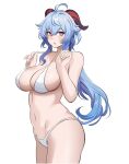  1girl absurdres ahoge azmi_yudista bare_arms bare_shoulders bikini blue_hair blush breasts commentary commission cowboy_shot ganyu_(genshin_impact) genshin_impact groin hair_between_eyes hands_up highres horns large_breasts long_hair looking_at_viewer navel parted_lips purple_eyes simple_background solo standing stomach strap_pull swimsuit thighs very_long_hair white_background white_bikini 