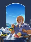  1boy ;d bald beard bird chair collared_shirt commentary cup facial_hair food fried_egg fruit grey_shirt highres holding holding_spoon lemon linllen male_focus mouth_hold mr._briney one_eye_closed open_mouth plate pokemon pokemon_(creature) pokemon_(game) pokemon_rse shirt short_sleeves sitting smile spoon steam table teacup teeth wingull 