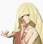  1girl bangs blonde_hair blunt_bangs breasts collarbone commentary_request echizen_(n_fns17) eyelashes green_eyes grin hand_on_own_chin hands_up highres long_hair looking_down lusamine_(pokemon) nail_polish nude pokemon pokemon_(game) pokemon_sm simple_background smile solo stroking_own_chin upper_body white_background yellow_nails 