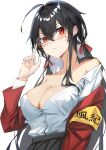  1girl absurdres armband azur_lane bare_shoulders black_hair breasts button_gap cleavage highres jacket large_breasts long_hair looking_at_viewer official_alternate_costume open_clothes open_jacket partially_unbuttoned red_eyes red_jacket round_eyewear school_uniform shirt_tucked_in simple_background solo soranoki taihou_(azur_lane) taihou_(sweet_time_after_school)_(azur_lane) white_background yellow_armband 