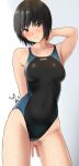  1girl amagami arm_up armpits black_hair breasts brown_eyes competition_swimsuit highres looking_at_viewer nanasaki_ai one-piece_swimsuit short_hair signature smile solo swimsuit thighs white_background yoo_tenchi 