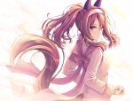  1girl akashio_(loli_ace) animal_ears backlighting brown_eyes brown_hair clenched_hands commentary_request ear_covers from_side hairband highres horse_ears horse_girl horse_tail king_halo_(noble_white_cheer_attire)_(umamusume) king_halo_(umamusume) long_hair long_sleeves looking_at_viewer looking_to_the_side open_mouth ponytail roar_yell!_tracen_academy_cheerleading_squad_(umamusume) sidelocks solo tail umamusume white_hairband 