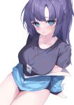  1girl :o absurdres bangs black_shirt blue_archive blue_eyes blue_jacket blush breasts buruma clothes_down collarbone furrowed_brow gou_213 gym_uniform halo highres id_card jacket lanyard long_hair looking_at_viewer official_alternate_costume partially_unzipped purple_hair shirt simple_background sitting solo star_(symbol) sticker_on_face thighs track_jacket wakamezake white_background yuuka_(blue_archive) yuuka_(gym_uniform)_(blue_archive) 