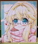  1boy blonde_hair blush bridget_(guilty_gear) comiket_101 green_eyes guilty_gear guilty_gear_strive highres looking_at_viewer male_focus neko_yume official_alternate_costume otoko_no_ko pink_sweater round_eyewear smile sweater traditional_media 